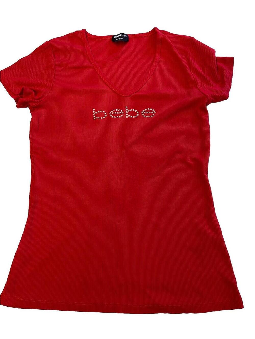 Womens BEBE Red Vintage Y2K Rhinestones V-Neck Ribbed Top Sz L